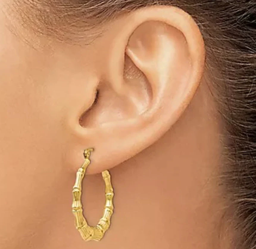Hoop Earrings 10K Gold Bamboo Patterned