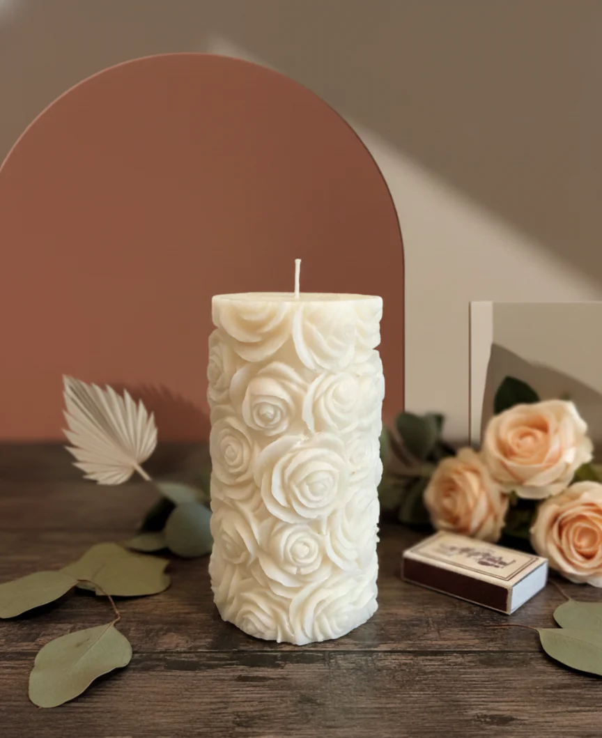 Sculptural Rose Pillar Soy Wax Candle - 4 In