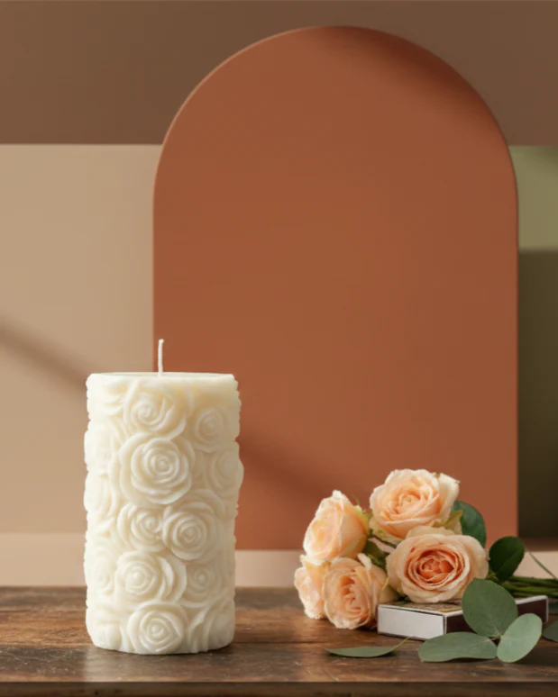 Sculptural Rose Pillar Soy Wax Candle - 4 In - Image 3