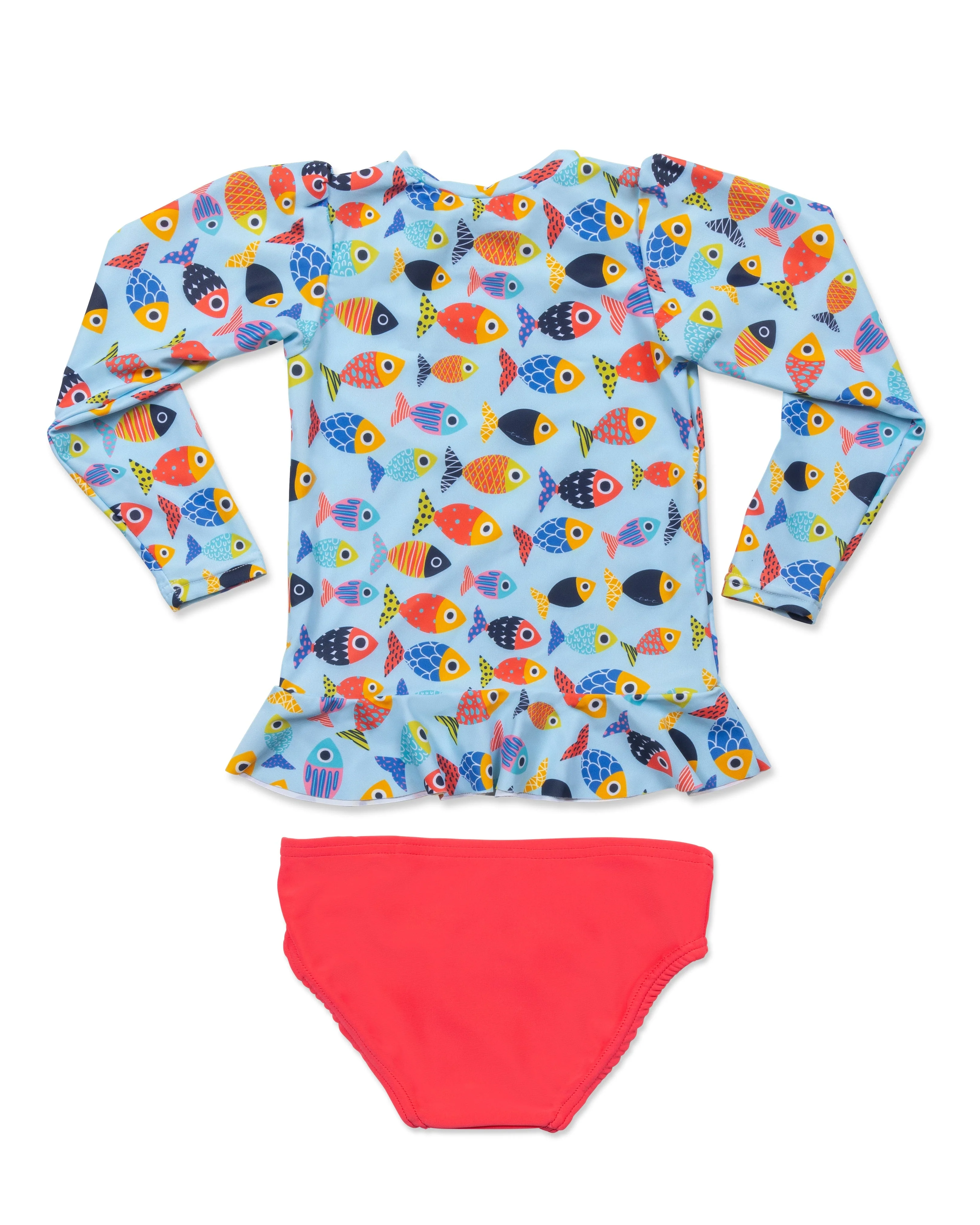 Girls Colorful Fish Sun Shirt and Coral Swim Bottom Set - Image 3