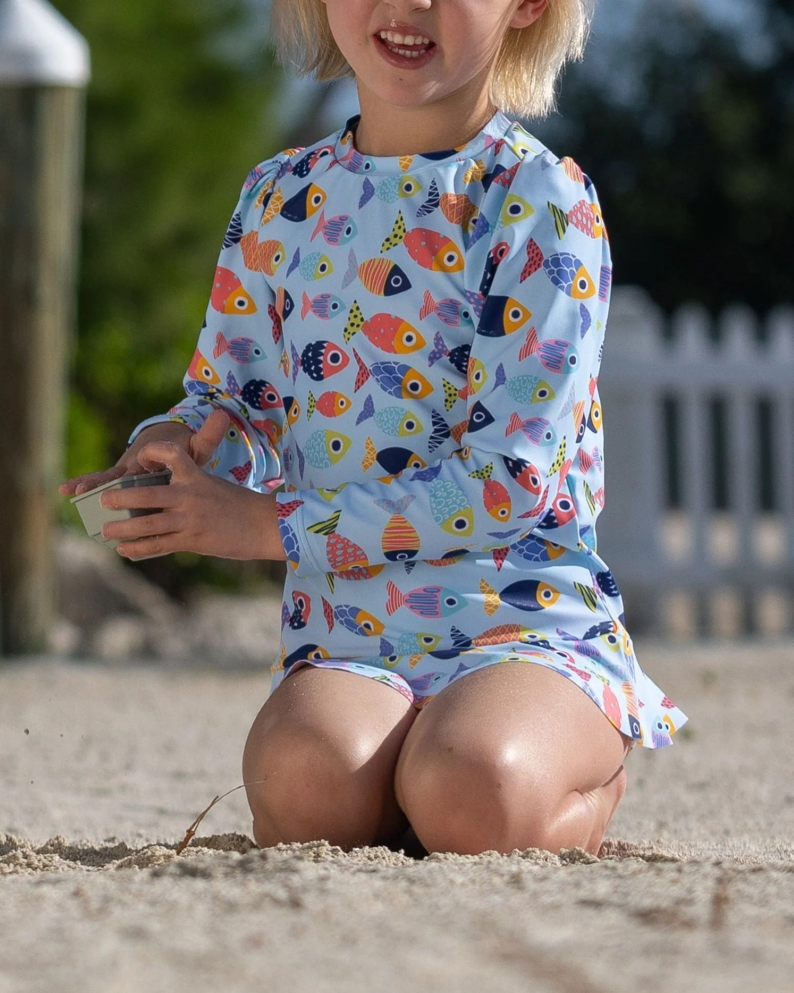 Girls Colorful Fish Sun Shirt and Coral Swim Bottom Set - Image 4