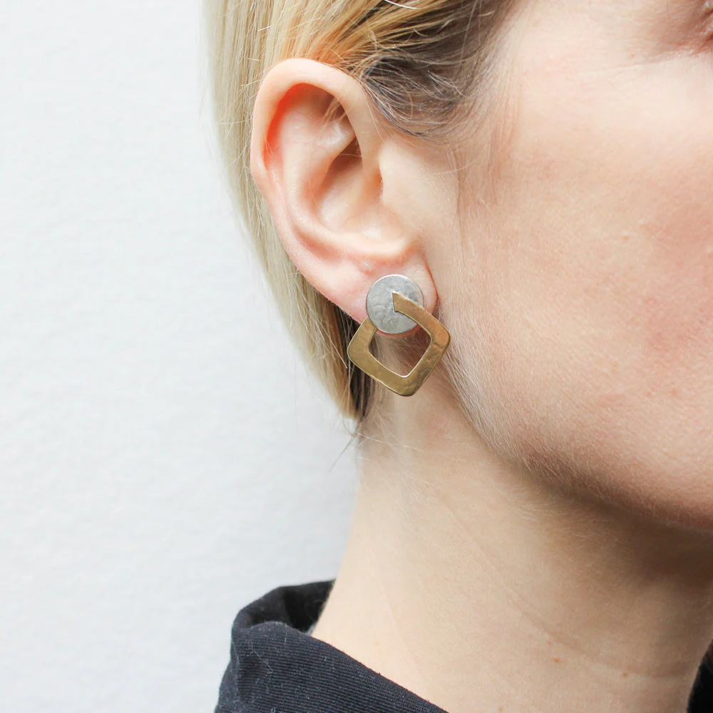 Disc with Interlocking Cutout Square Post or Clip Earrings - Image 3