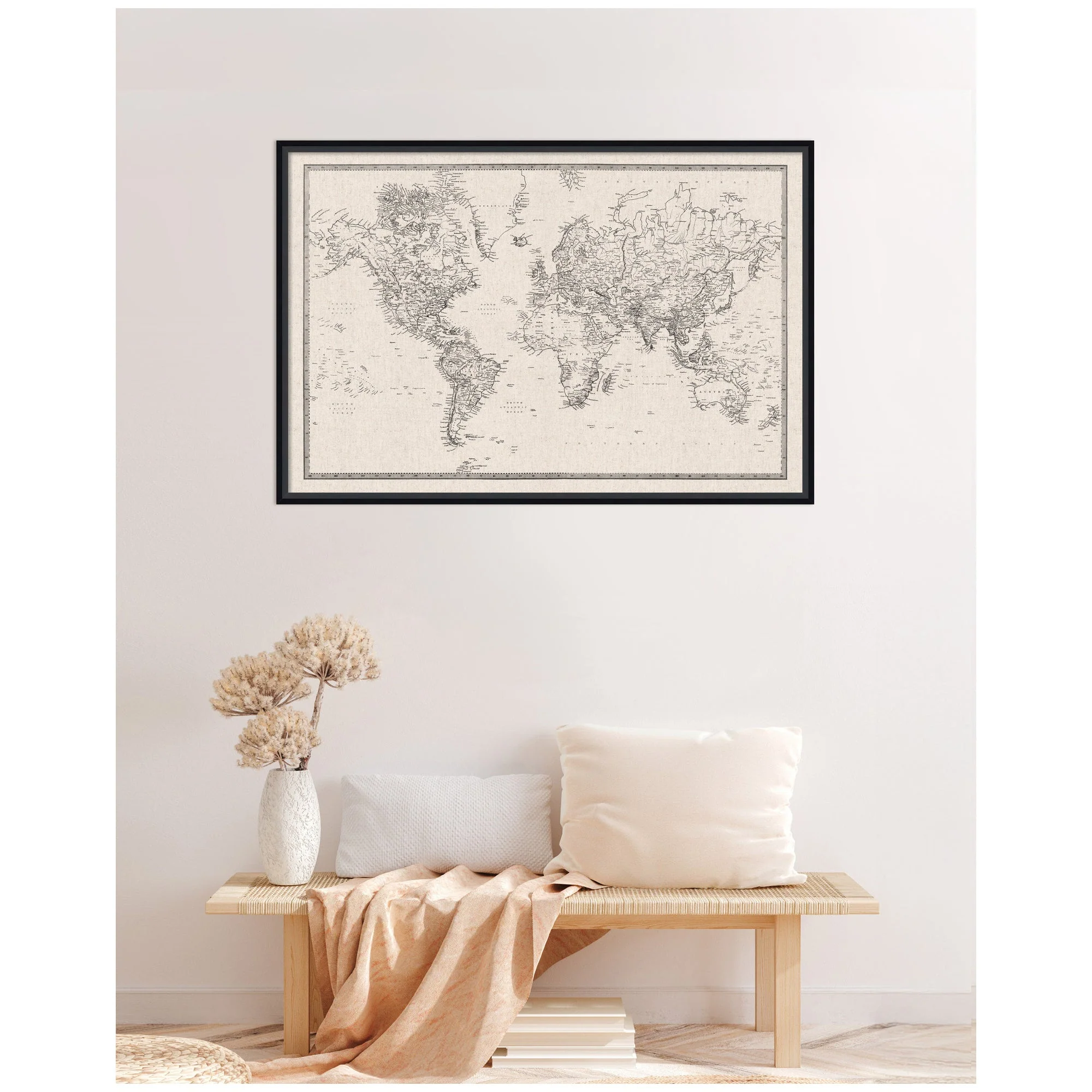 Framed Fabric Pinboard Vintage Black and White Linen World Map Wall Organization - Image 35