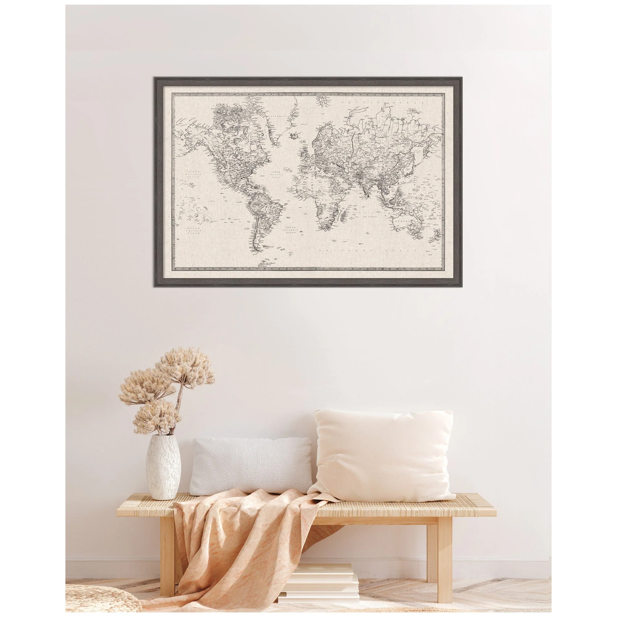 Framed Fabric Pinboard Vintage Black and White Linen World Map Wall Organization - Image 40