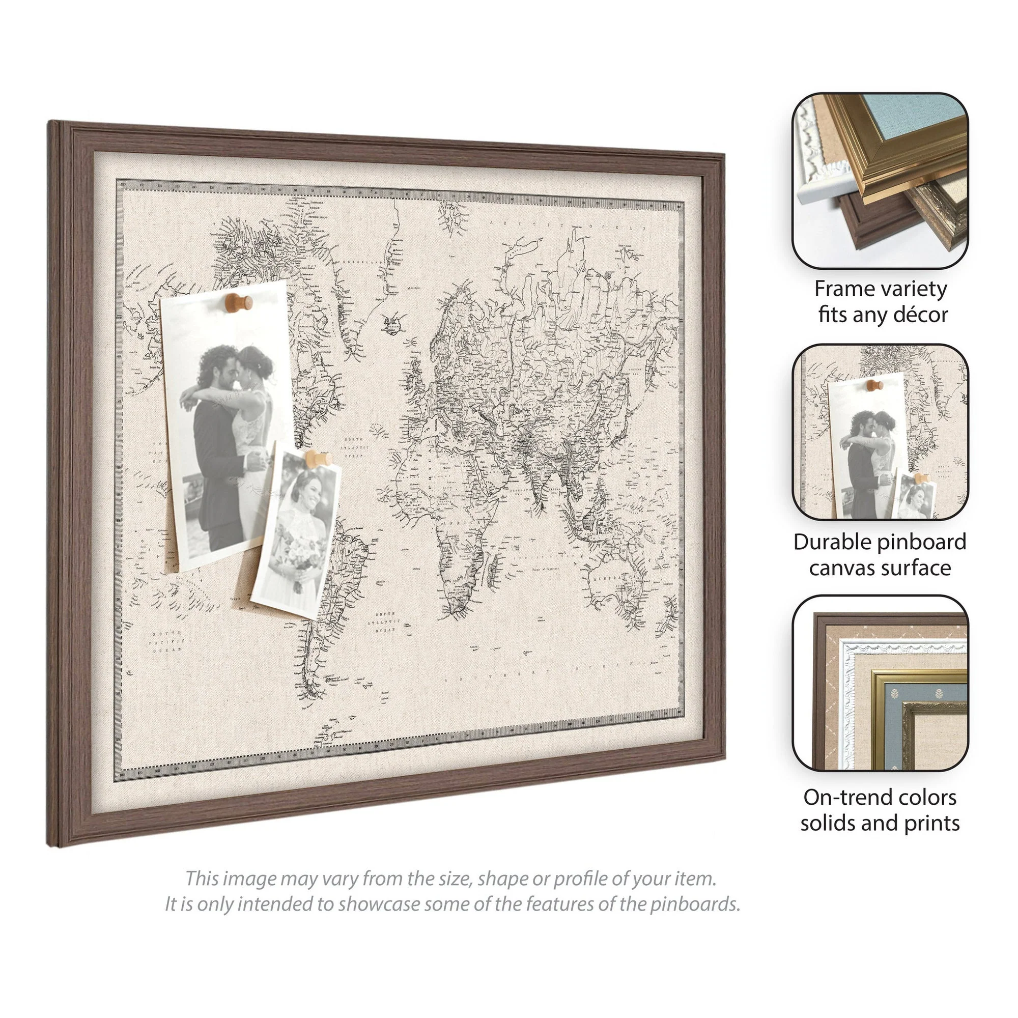 Framed Fabric Pinboard Vintage Black and White Linen World Map Wall Organization - Image 42