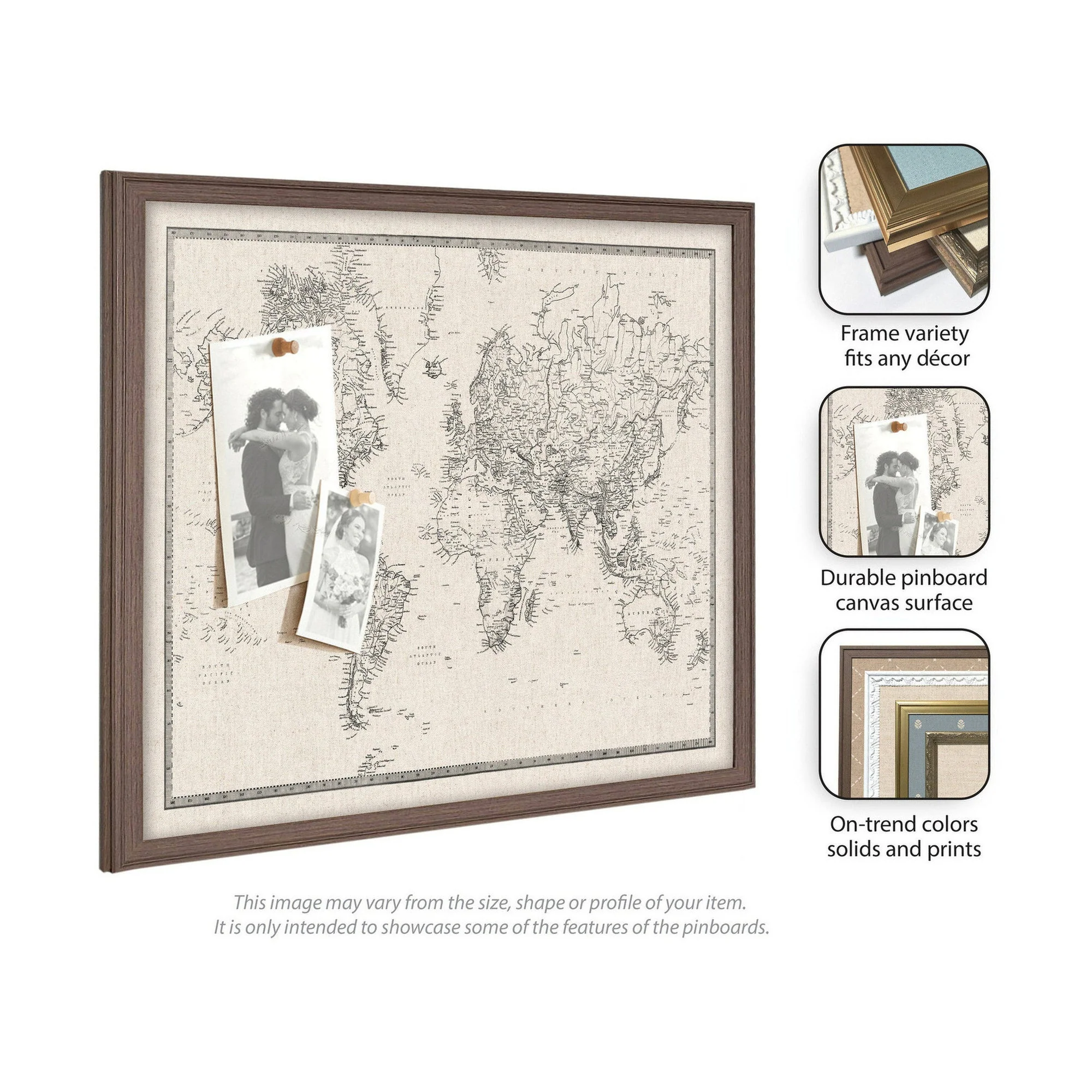 Framed Fabric Pinboard Vintage Black and White Linen World Map Wall Organization - Image 45