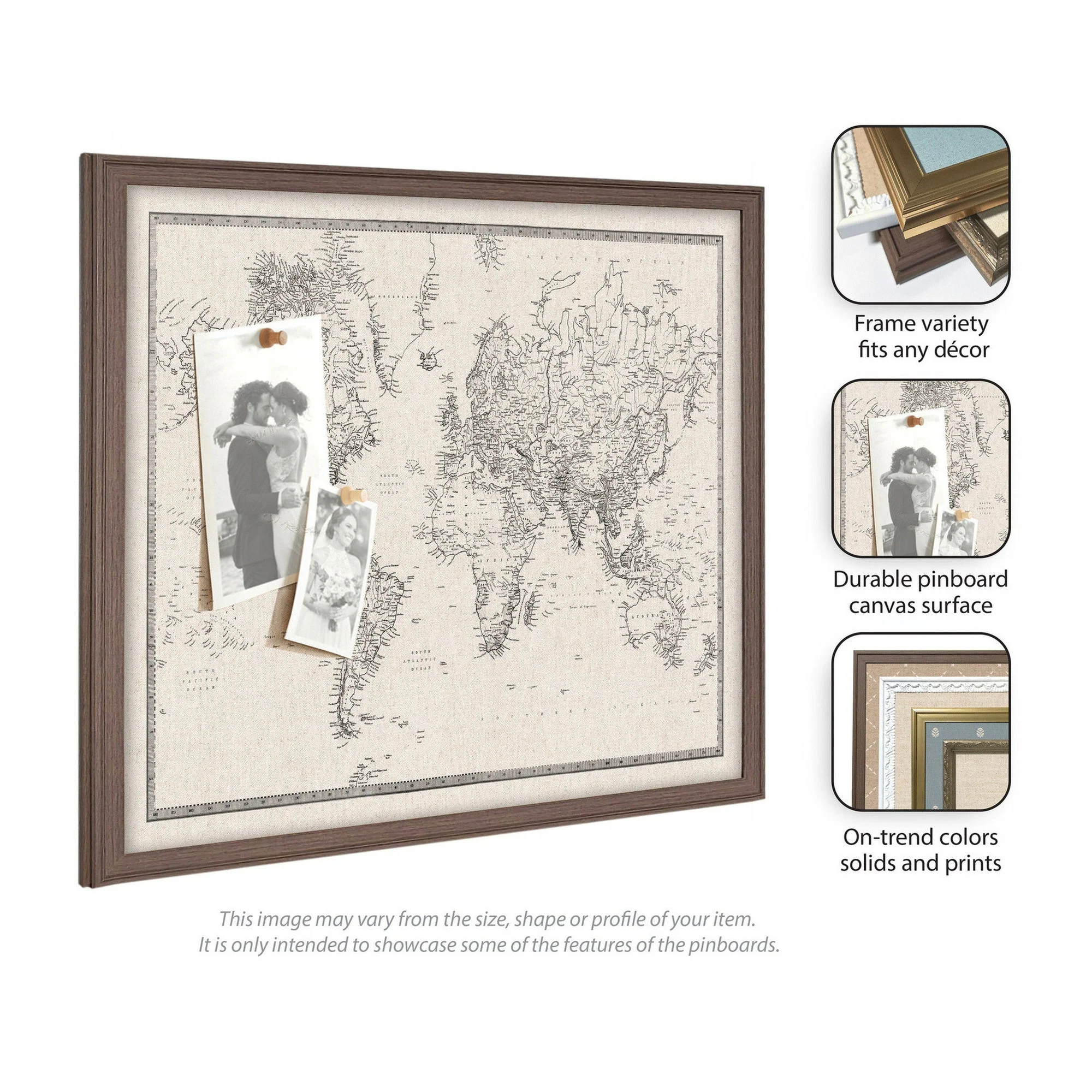 Framed Fabric Pinboard Vintage Black and White Linen World Map Wall Organization - Image 61