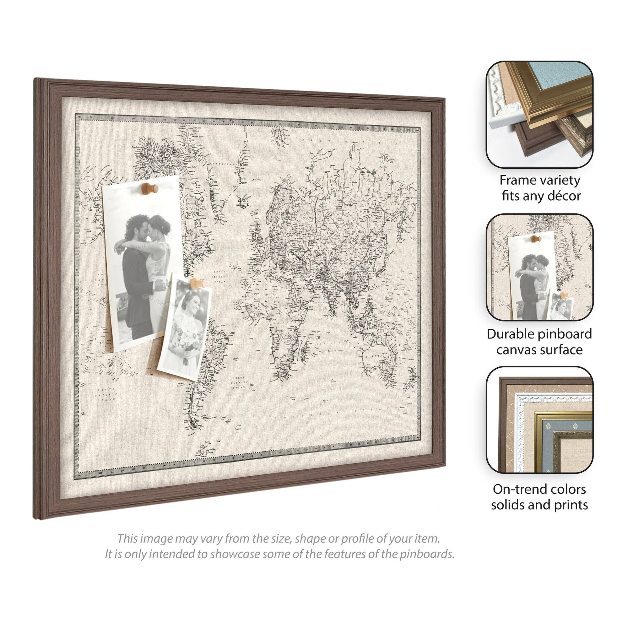 Framed Fabric Pinboard Vintage Black and White Linen World Map Wall Organization - Image 63