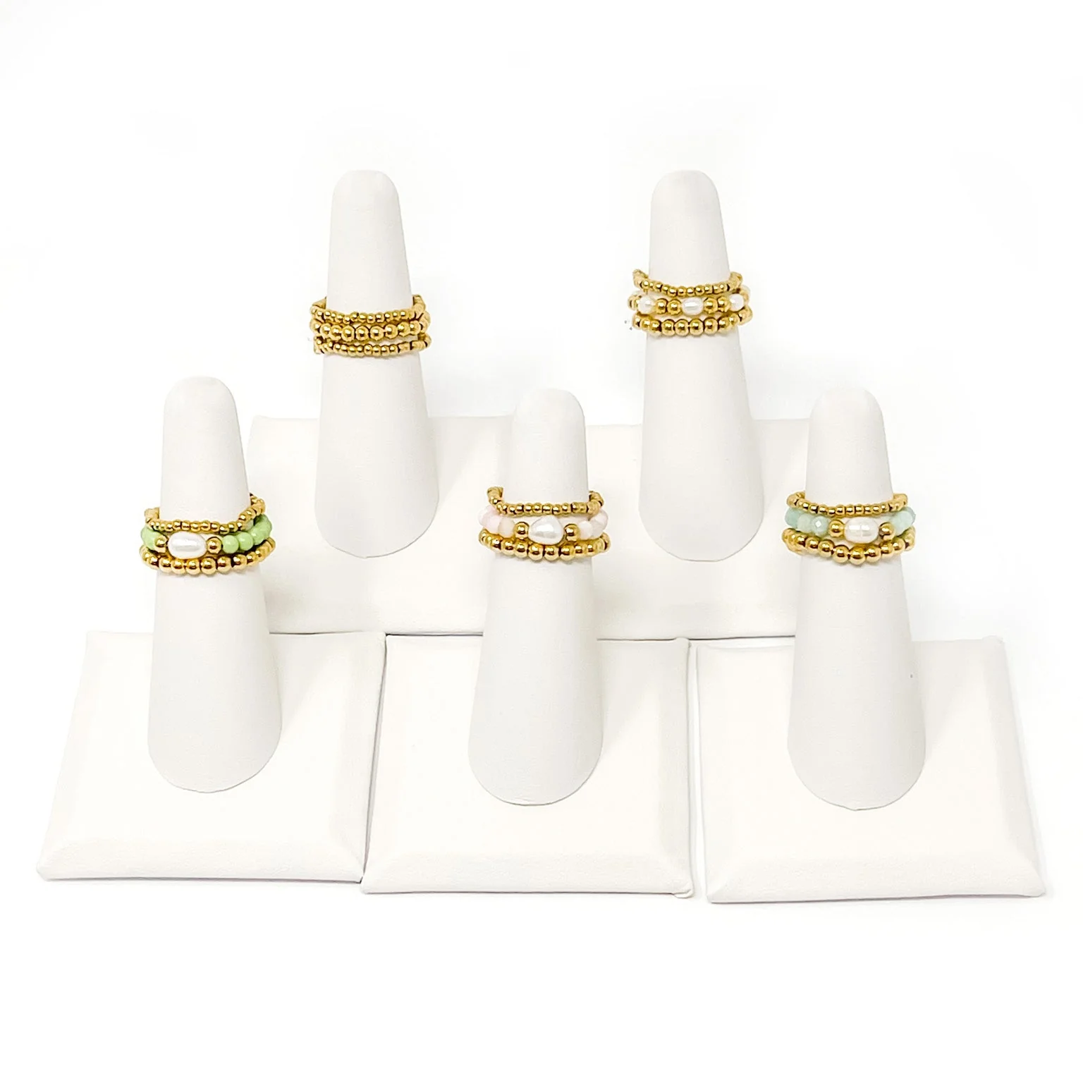 Grassy Green Agate and Pearl Triple Ring Stack - Image 3