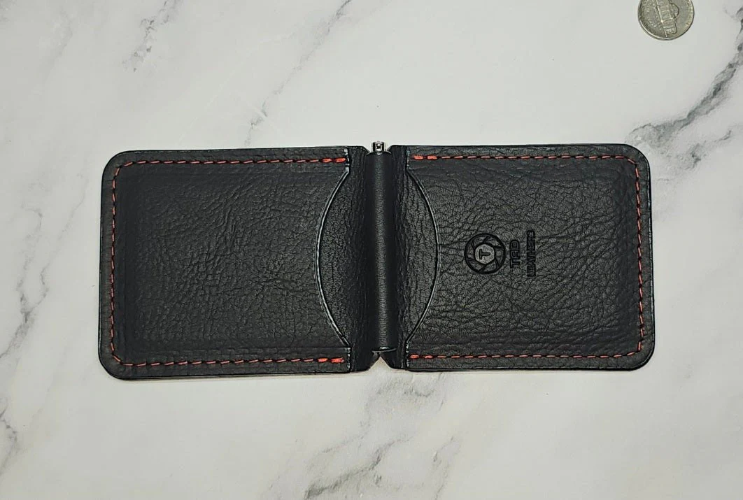 Leather Money Clip Wallet - Black/Red Stitching - Image 3
