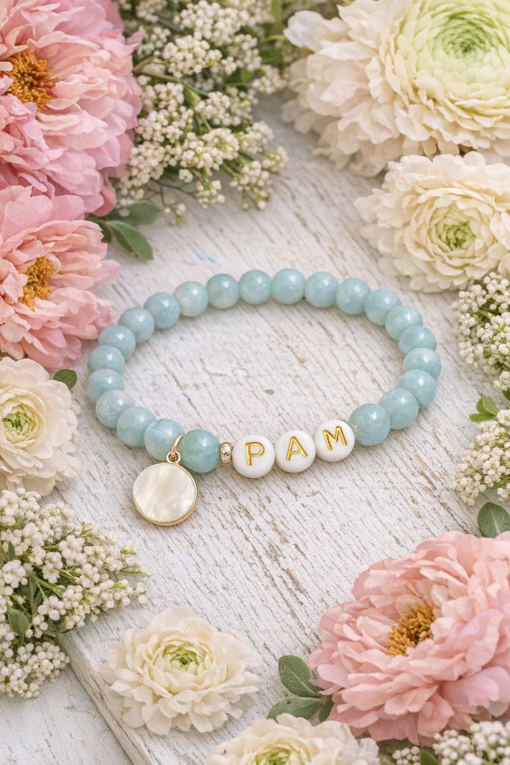 Personalized Aqua Amazonite with Pearl Charm Bracelet