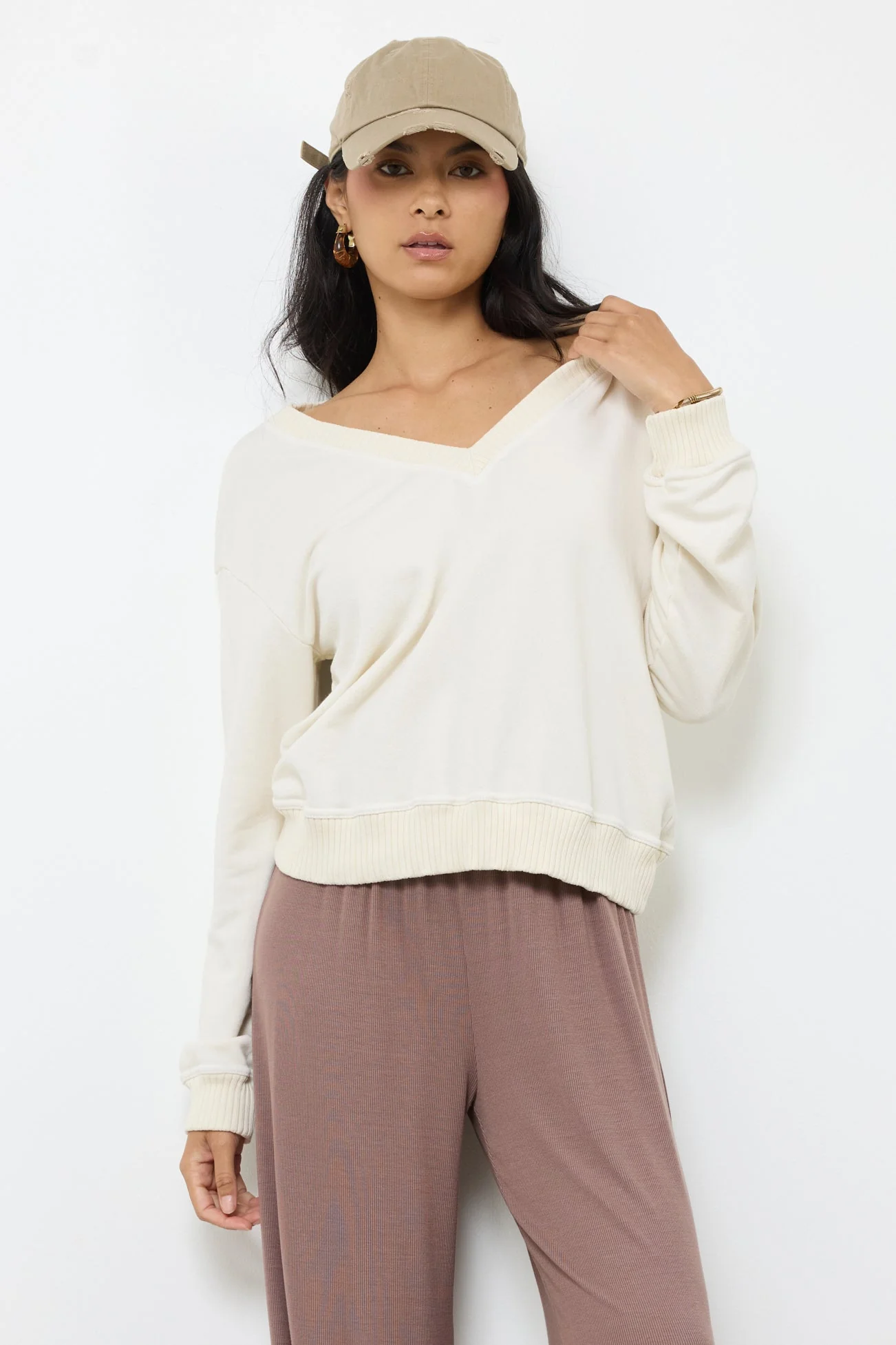 Oversized Cotton Pullover - V Neck French Terry - Image 2