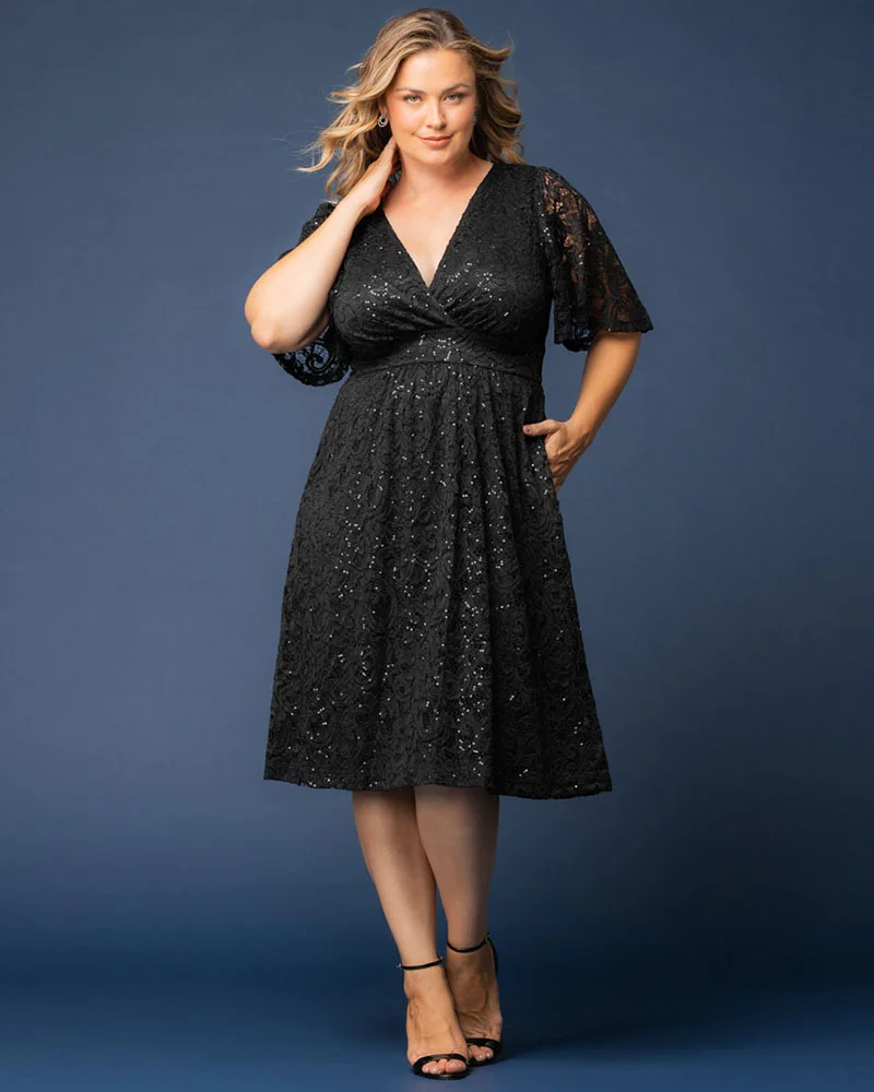 Plus Size Starry Sequined Lace Cocktail Dress - Image 9