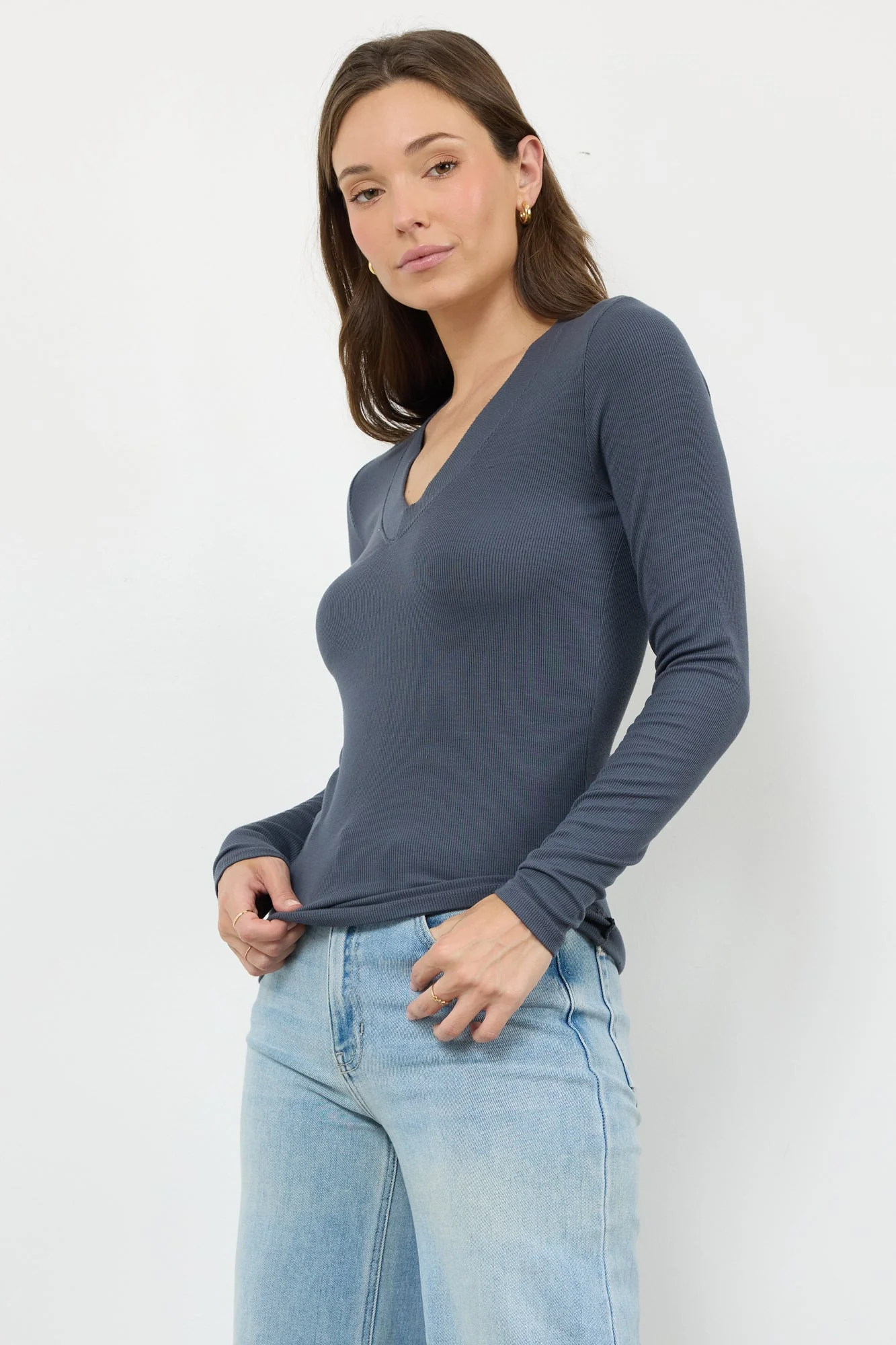 Surina Deep V Neck Long Sleeve Ribbed Tee - Image 15