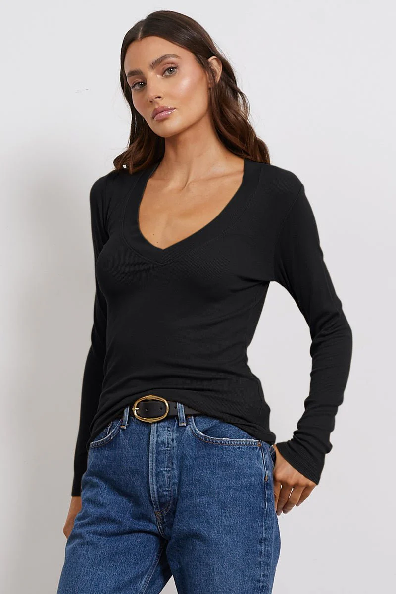 Surina Deep V Neck Long Sleeve Ribbed Tee - Image 8