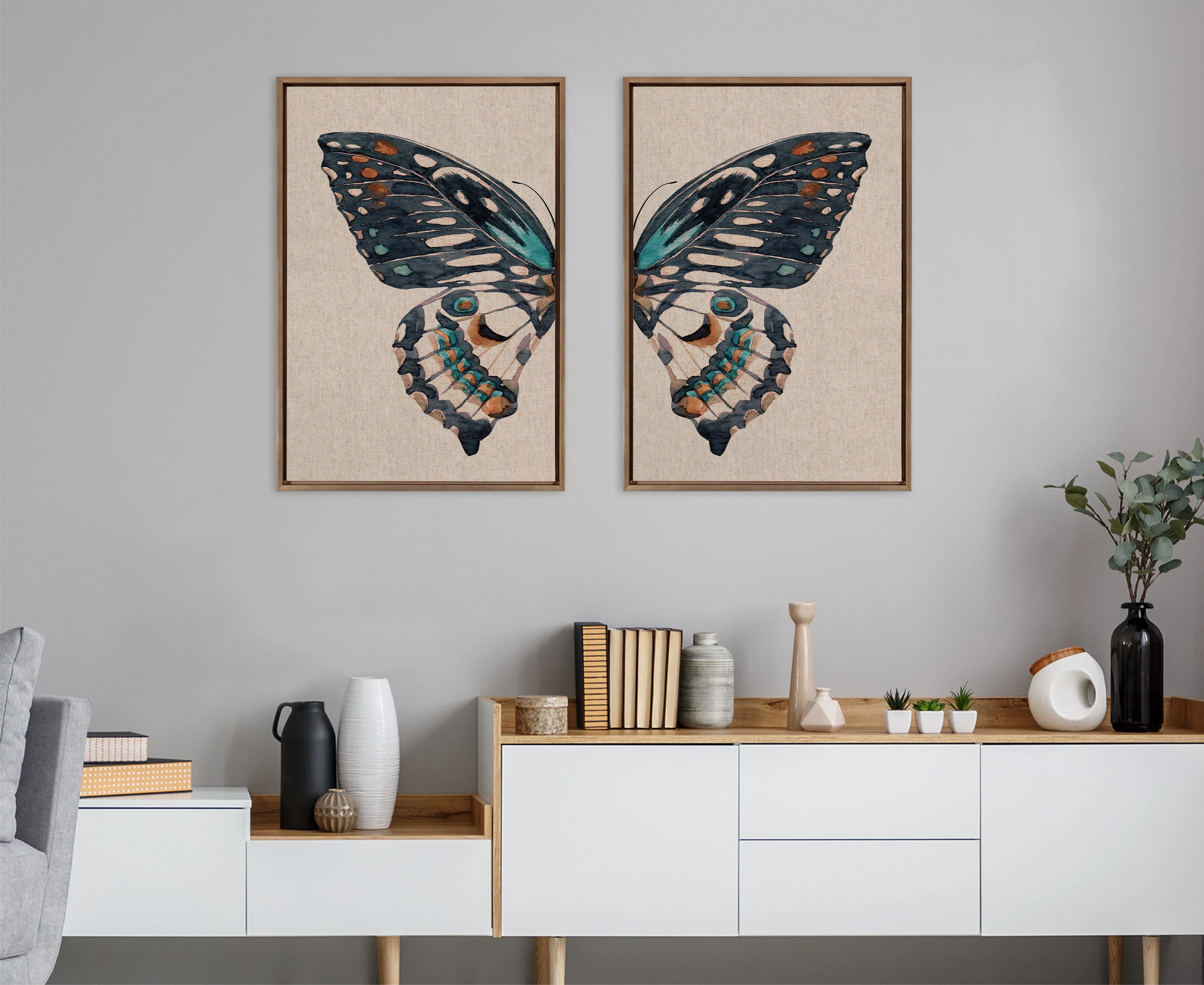 Sylvie Boho Butterfly Watercolor Diptych Neutral Linen Framed Canvas Art Set by The Creative Bunch Studio - Image 50