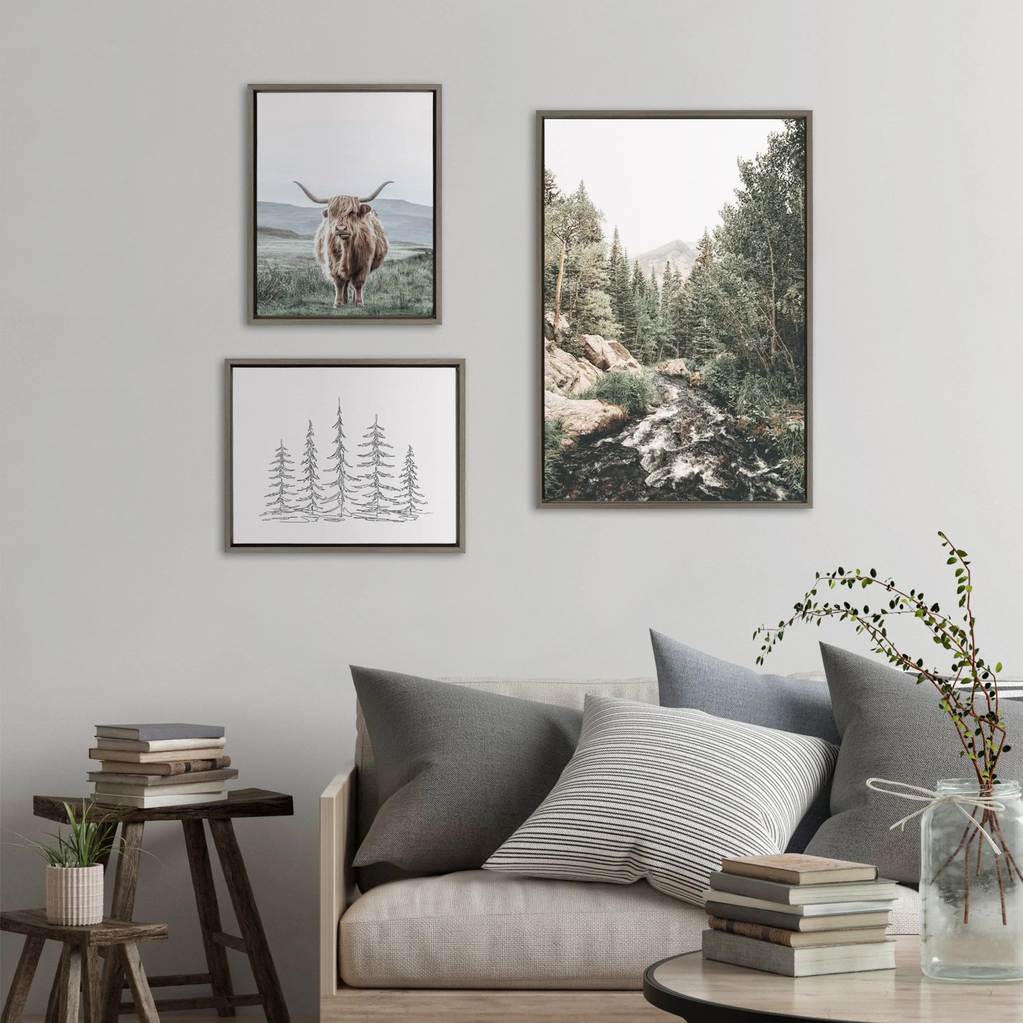 Sylvie Meet Me Here, Highland Cow Muted Mountain Landscape and Minimalist Evergreen Trees Sketch Framed Canvas Set by Various Artists - Image 2