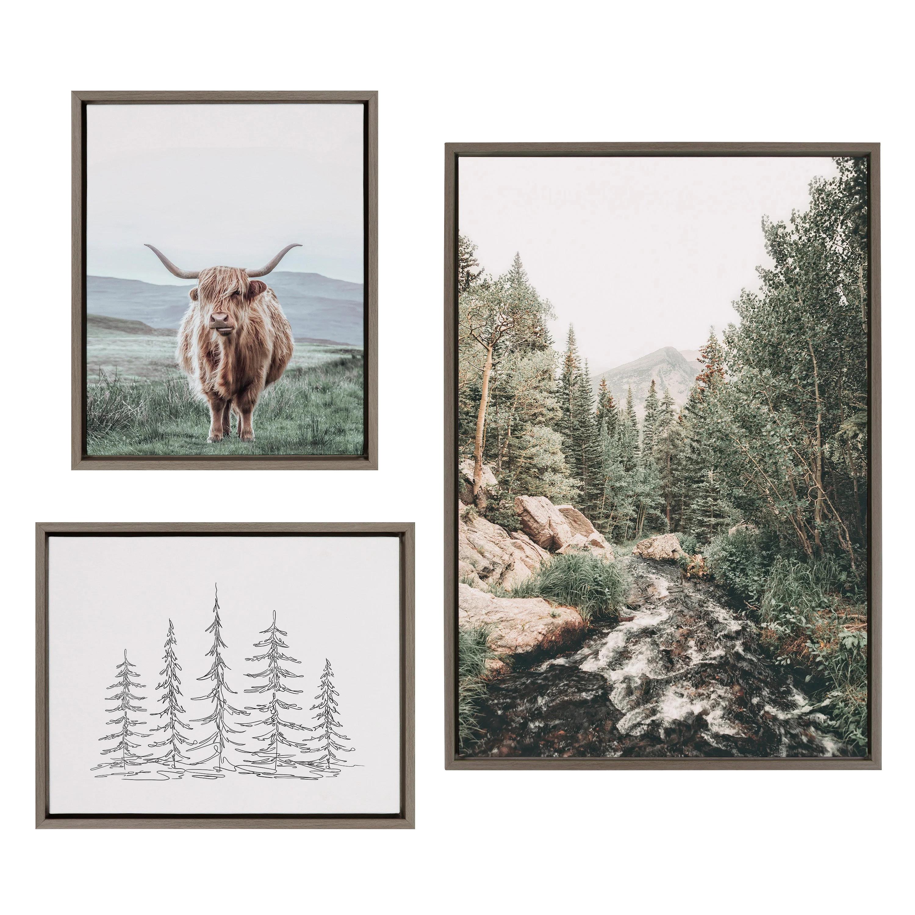 Sylvie Meet Me Here, Highland Cow Muted Mountain Landscape and Minimalist Evergreen Trees Sketch Framed Canvas Set by Various Artists - Image 7